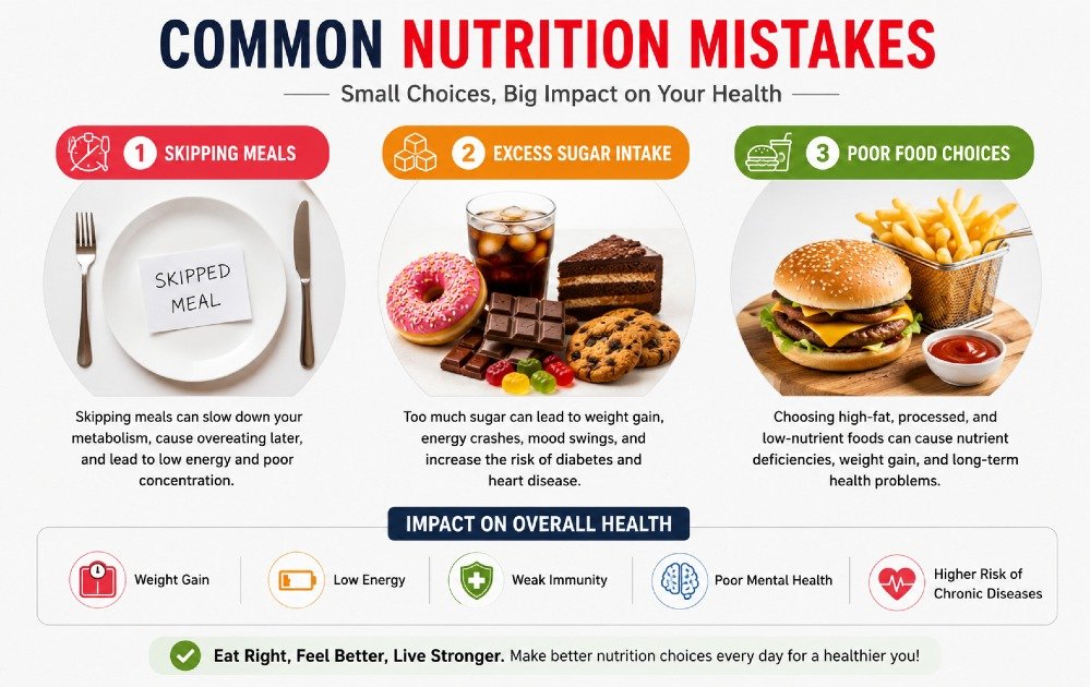 Common nutrition mistakes such as skipping meals, excess sugar intake, and poor food choices affecting overall health and wellness