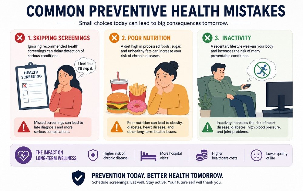 Common preventive health mistakes such as skipping screenings, poor nutrition, and inactivity affecting long-term wellness.