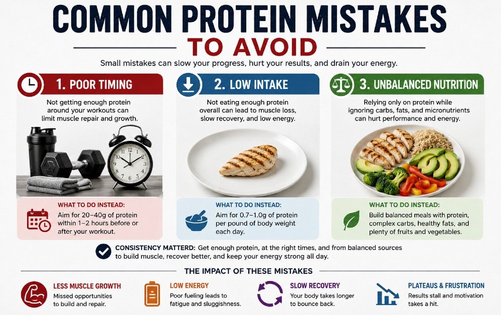 Common protein mistakes people make, including poor timing, low intake, and unbalanced nutrition affecting muscle and energy.