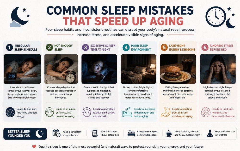 Common sleep mistakes that speed up aging, including poor sleep habits, irregular sleep schedules, and nighttime blue light exposure affecting recovery.