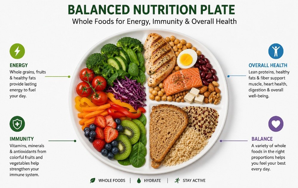 Balanced nutrition plate showing whole foods supporting energy, immunity, and overall health