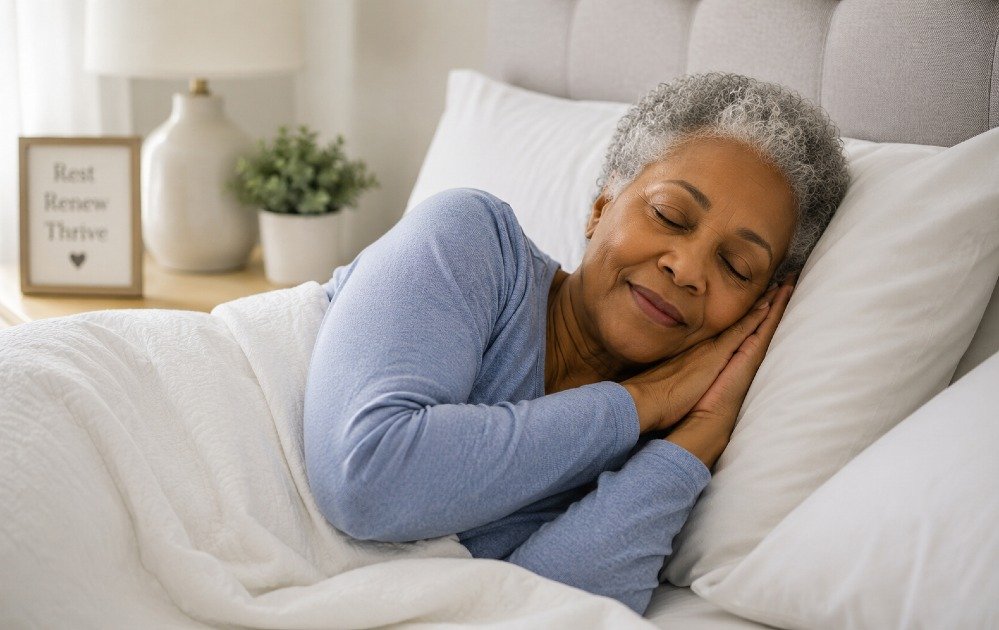 Older adult sleeping peacefully in bed, representing the link between quality sleep and healthy aging.