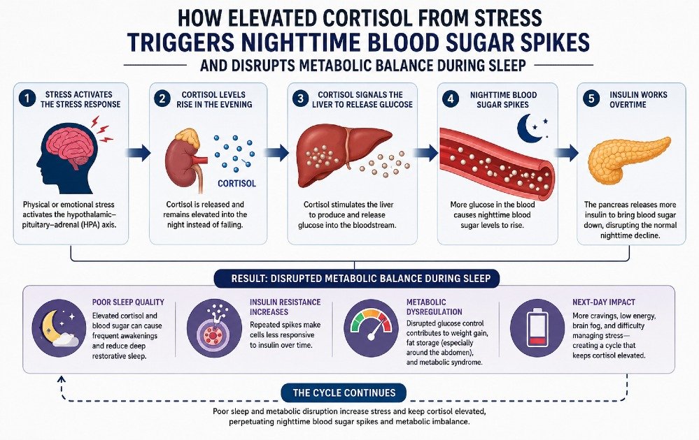 Diagram showing how elevated cortisol from stress can trigger nighttime blood sugar spikes and disrupt metabolic balance during sleep.