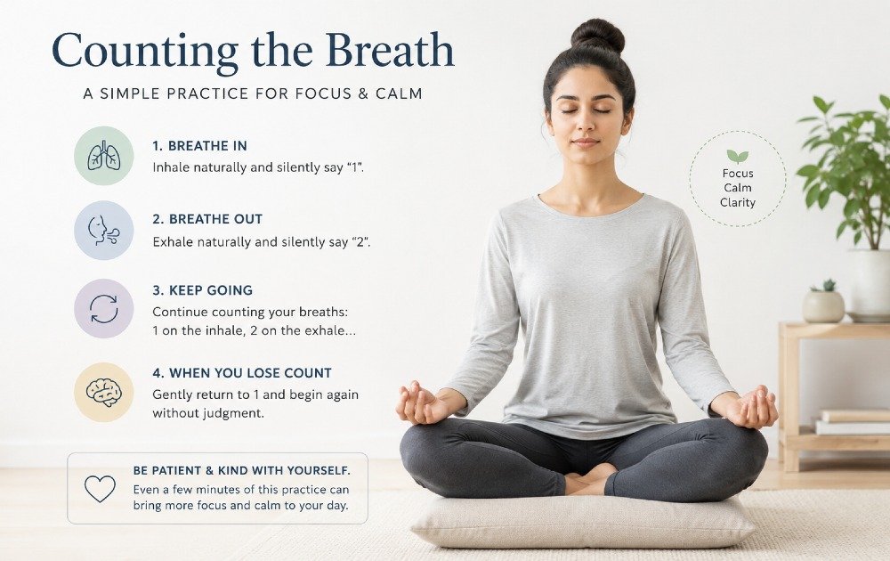 Person practicing breath counting meditation to improve focus and calm