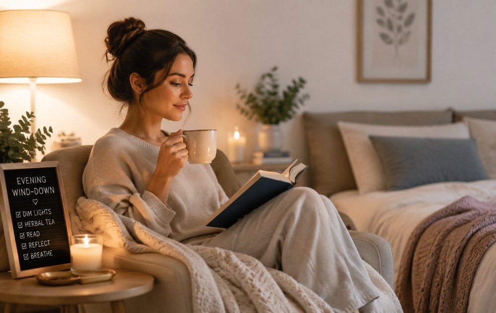 Woman practicing a calming evening wind-down routine with soft lighting and relaxed posture for better sleep.