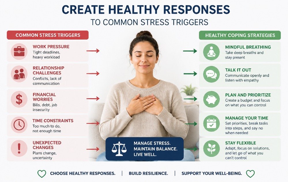 Person using healthy coping strategies to manage common stress triggers and maintain emotional balance.