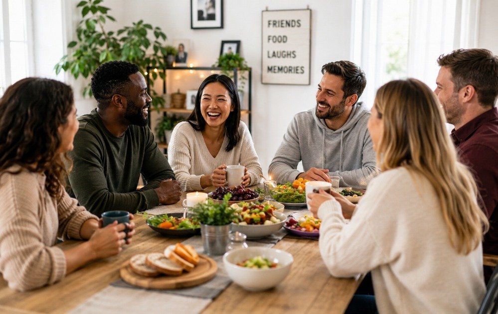 People engaging in a consistent social gathering, building regular rituals that strengthen connection and emotional well-being.