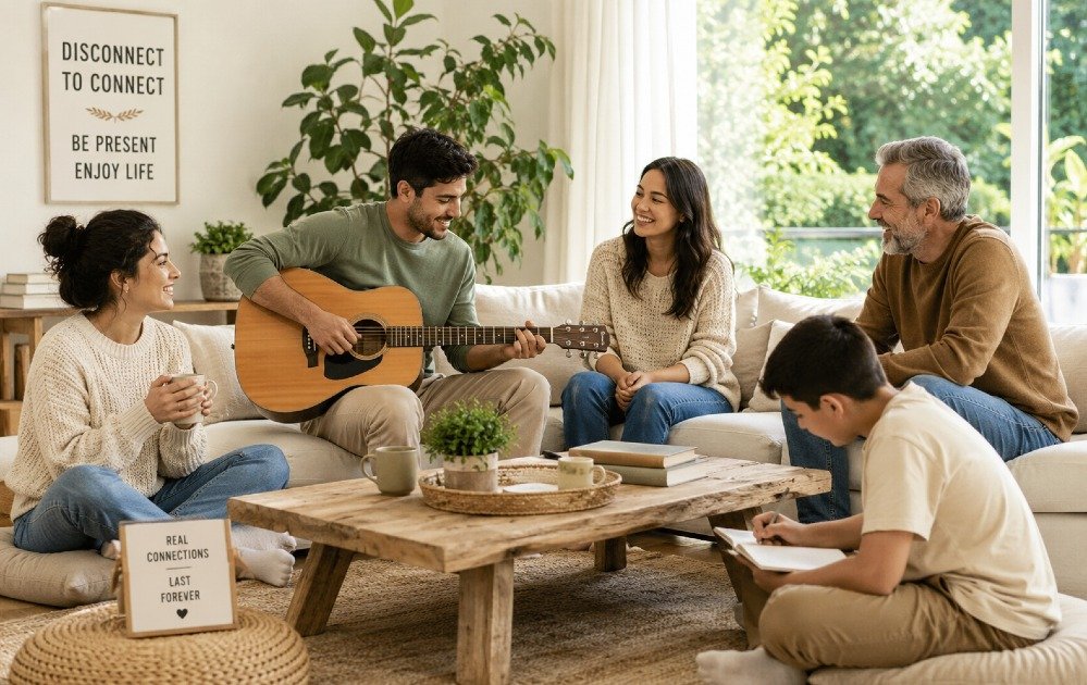 A peaceful moment of people disconnecting from technology to enjoy real-life connection and mindfulness.