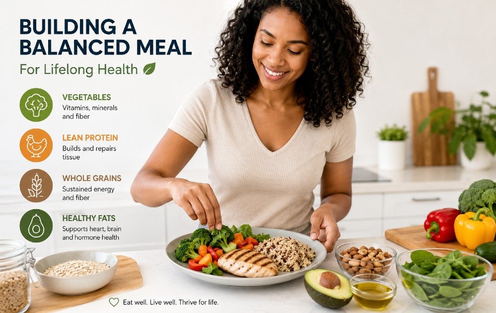 Person preparing a balanced meal with vegetables, lean protein, whole grains, and healthy fats for lifelong health.