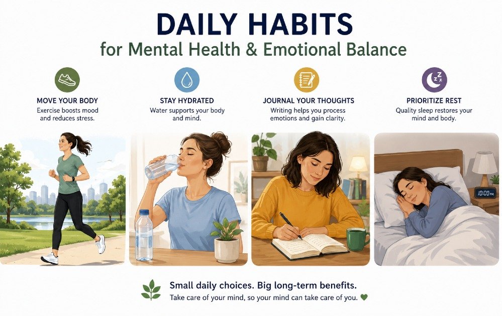 Person practicing daily mental health habits like exercise, hydration, journaling, and rest to prevent burnout and support emotional balance.