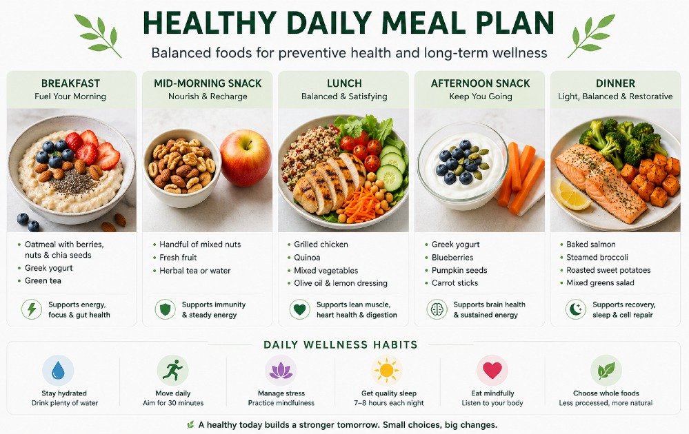 Healthy daily meal plan with balanced foods that support preventive health and long-term wellness.