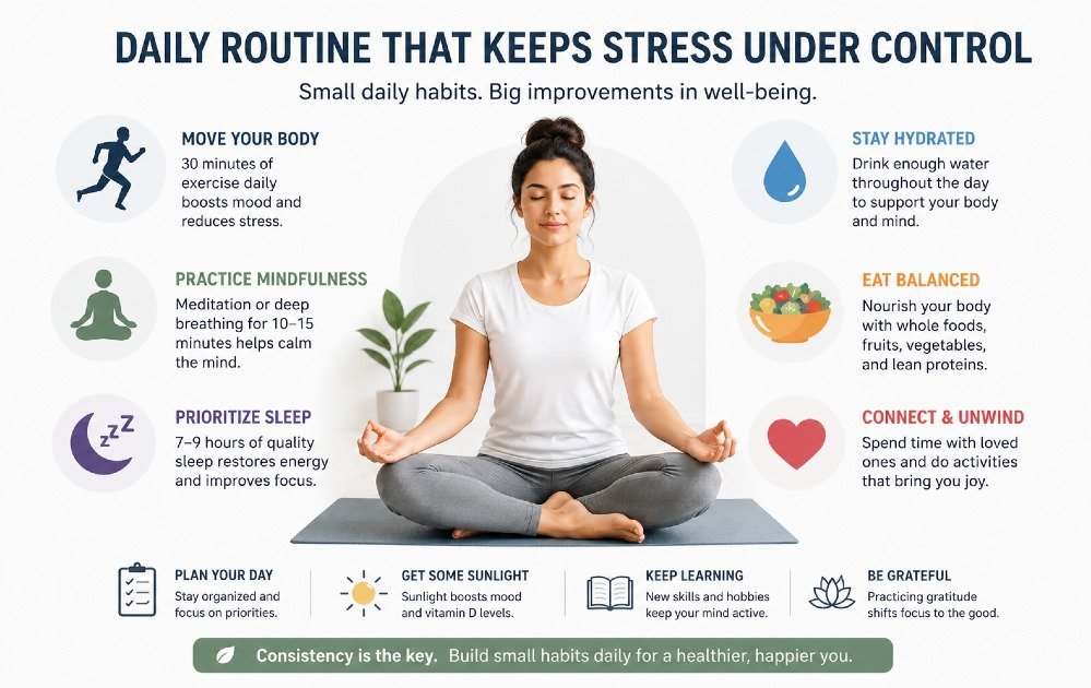 Person following a healthy daily routine with exercise, mindfulness, hydration, and balanced habits to manage stress and improve well-being.