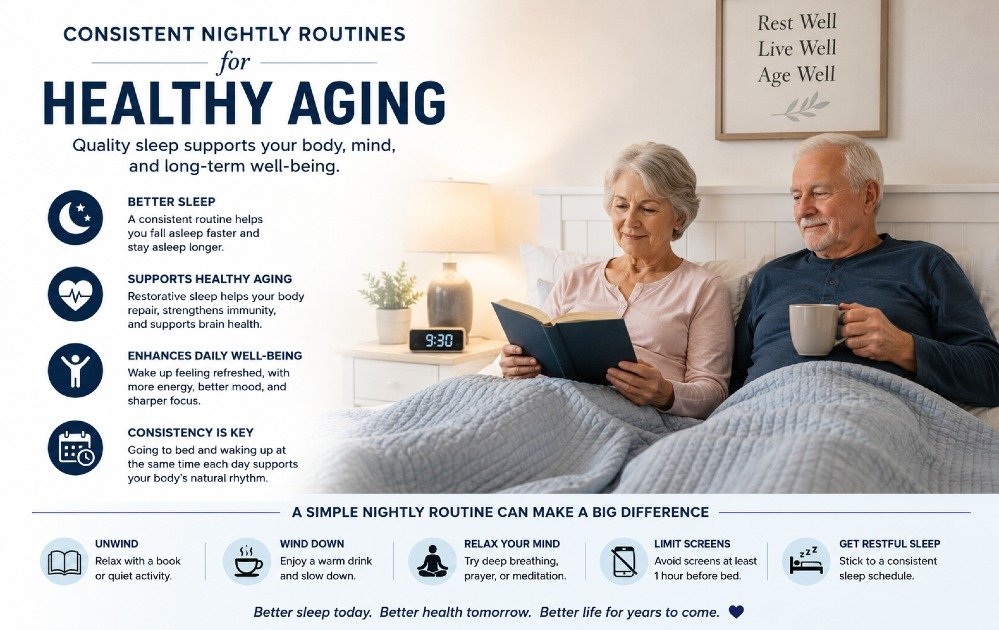 Senior adults practicing consistent nightly routines—showing how quality sleep supports healthy aging, recovery, and long-term well-being.