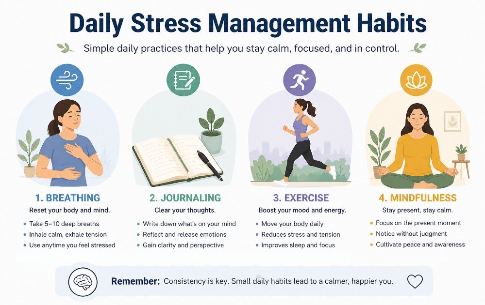 Daily stress management habits like breathing, journaling, exercise, and mindfulness that help maintain calm and focus throughout the day.