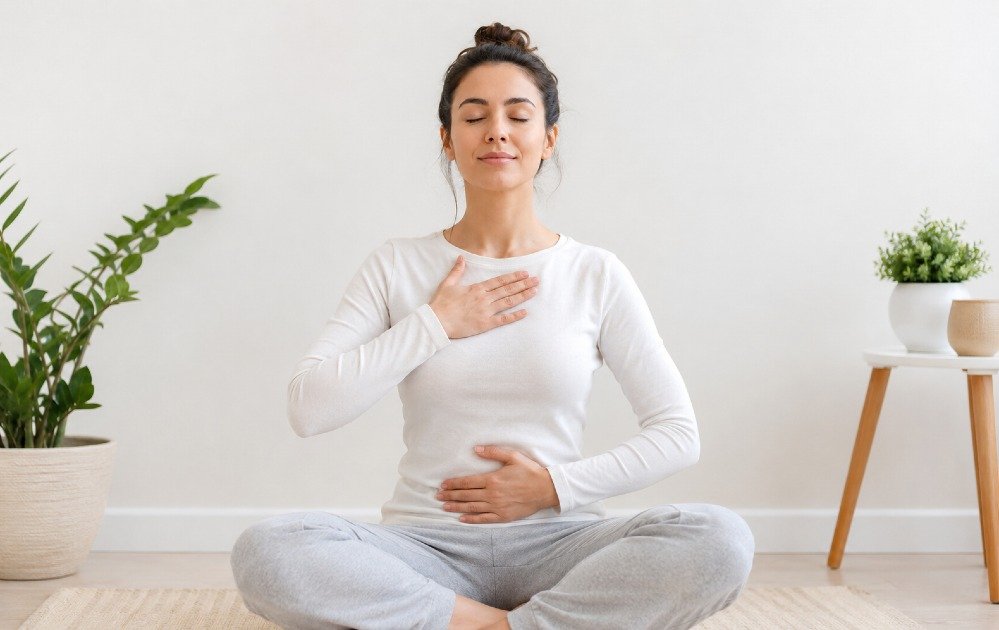Person practicing deep breathing technique to reduce stress and calm the nervous system