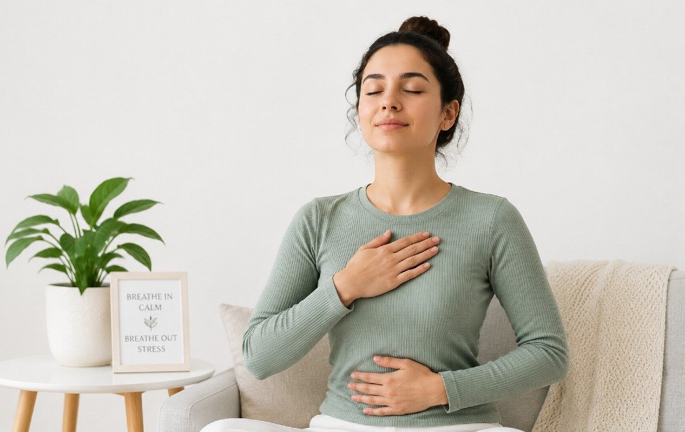 Person practicing deep breathing to reduce stress and promote relaxation and mental calm.