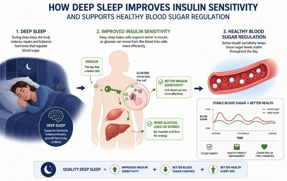 Illustration showing how deep sleep improves insulin sensitivity and supports healthy blood sugar regulation in the body.