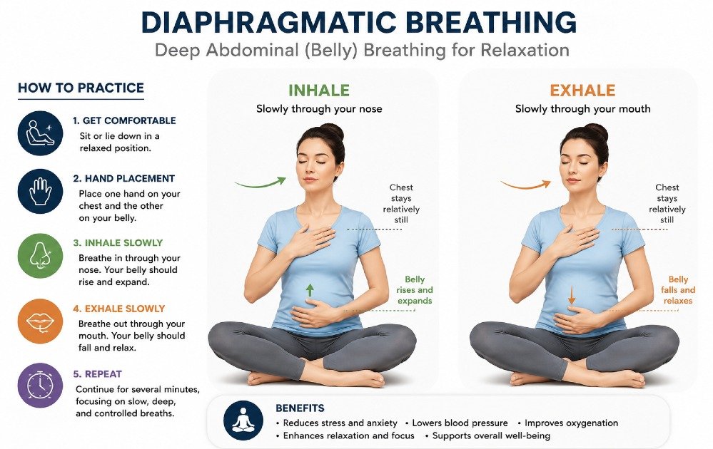 Diaphragmatic breathing technique showing deep abdominal expansion during slow, controlled inhalation.