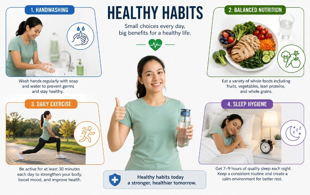 Person practicing daily healthy habits such as handwashing, balanced nutrition, exercise, and sleep hygiene to support disease prevention and overall wellness.