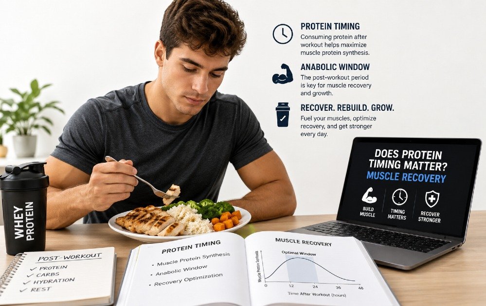 Person eating a protein-rich meal after workout while studying protein timing and muscle recovery.