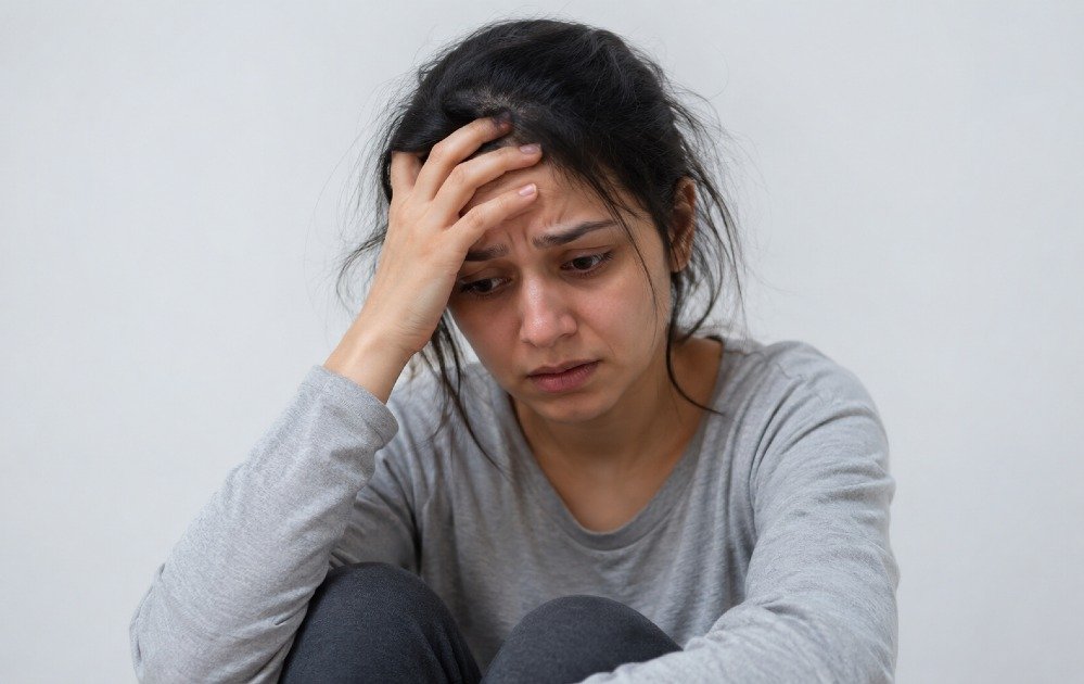 Person showing visible emotional distress, representing early warning signs of mental health challenges such as anxiety, stress, and mood changes.