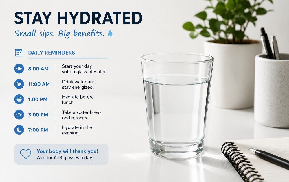 Glass of water on a clean desk with reminders to stay hydrated throughout the day.