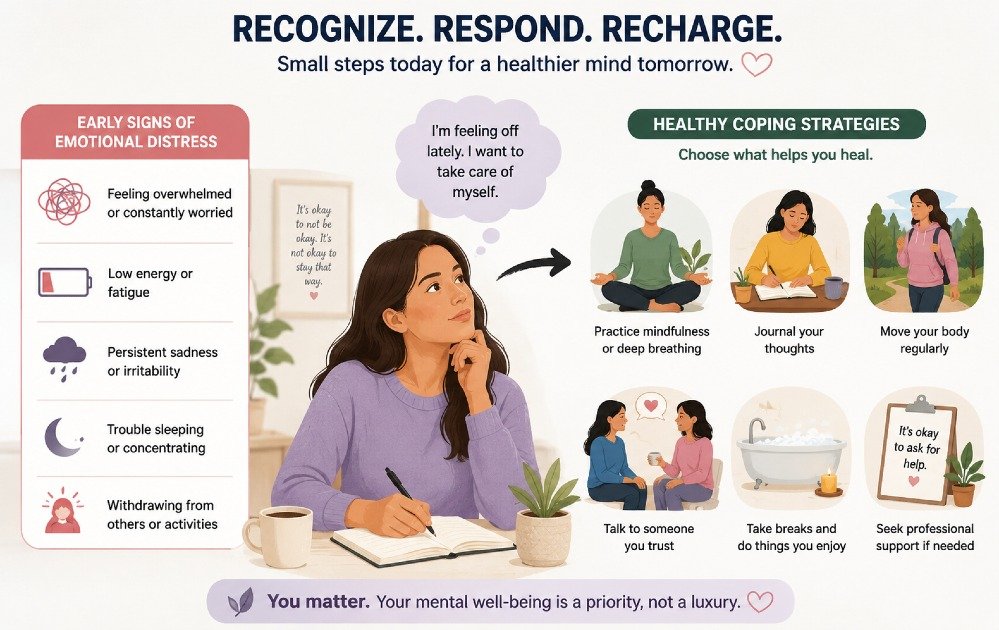Person recognizing early signs of emotional distress and using healthy coping strategies to support mental well-being.