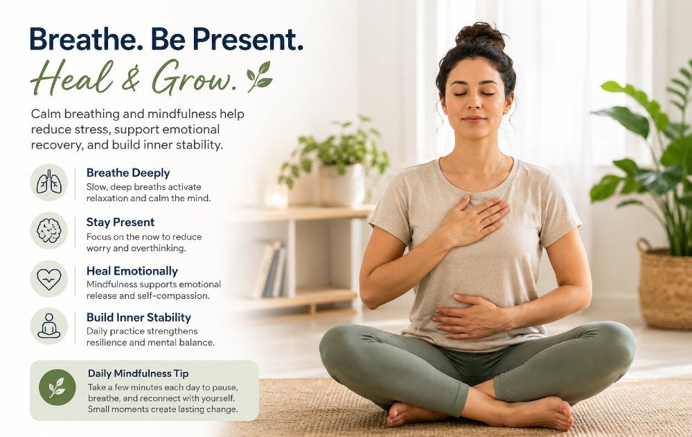 Person practicing calm breathing and mindfulness to support emotional recovery and reduce stress for mental stability