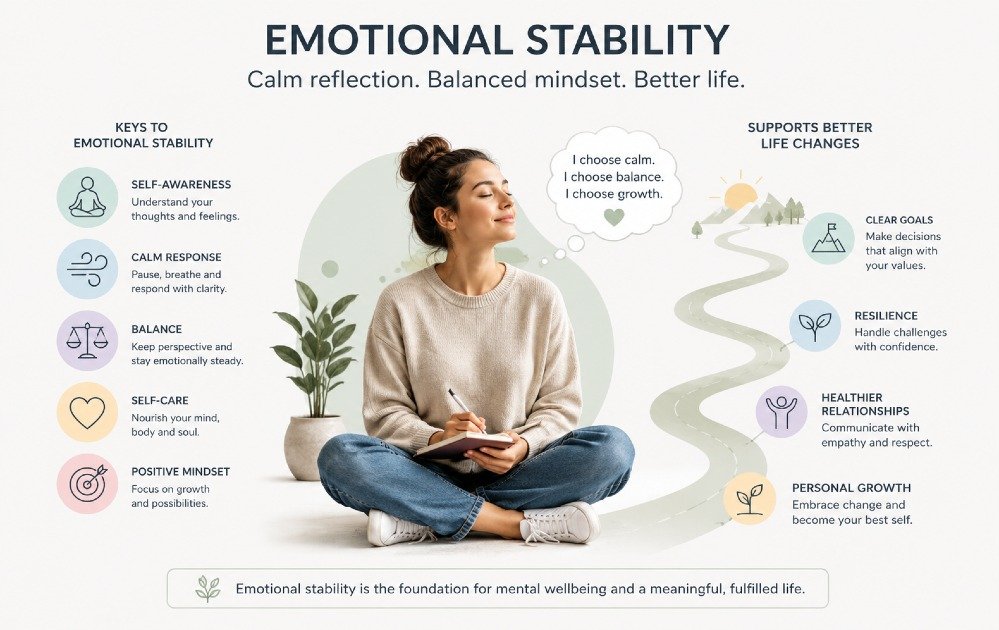 Person demonstrating emotional stability through calm reflection and balanced mindset supporting improved mental wellbeing and life changes