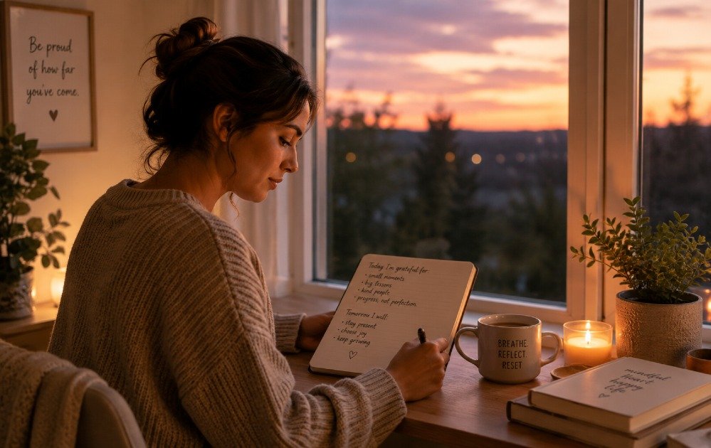 Evening reflection by a calm window, journaling thoughts to end the day with clarity and mindfulness