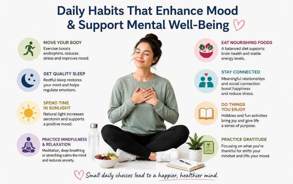 Person engaging in healthy daily habits that enhance mood and support mental well-being