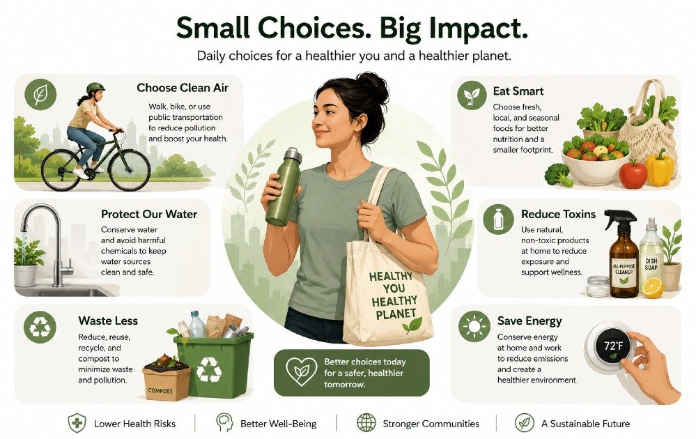 Person making daily choices that reduce environmental health risks and support overall wellness.