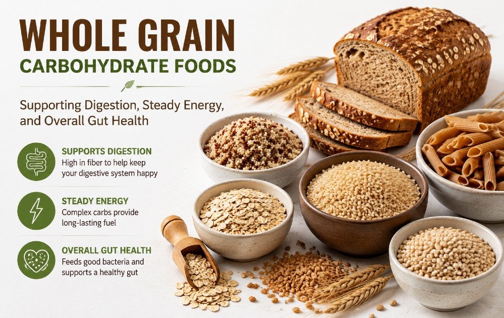Whole grain carbohydrate foods supporting digestion, steady energy, and overall gut health