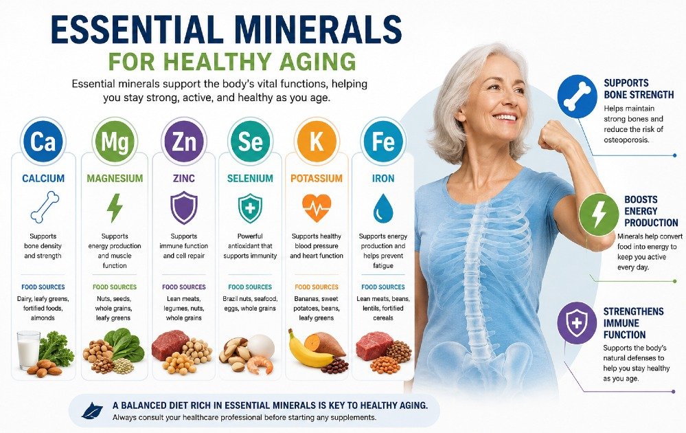 Essential minerals for healthy aging supporting bone strength, energy production, and immune function in the human body
