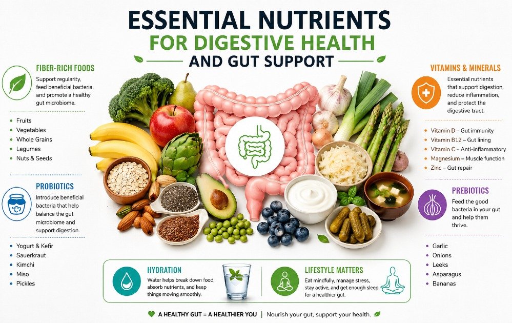 Balanced illustration of essential nutrients that support digestive health and gut function, including fiber-rich foods, probiotics, and vitamins.