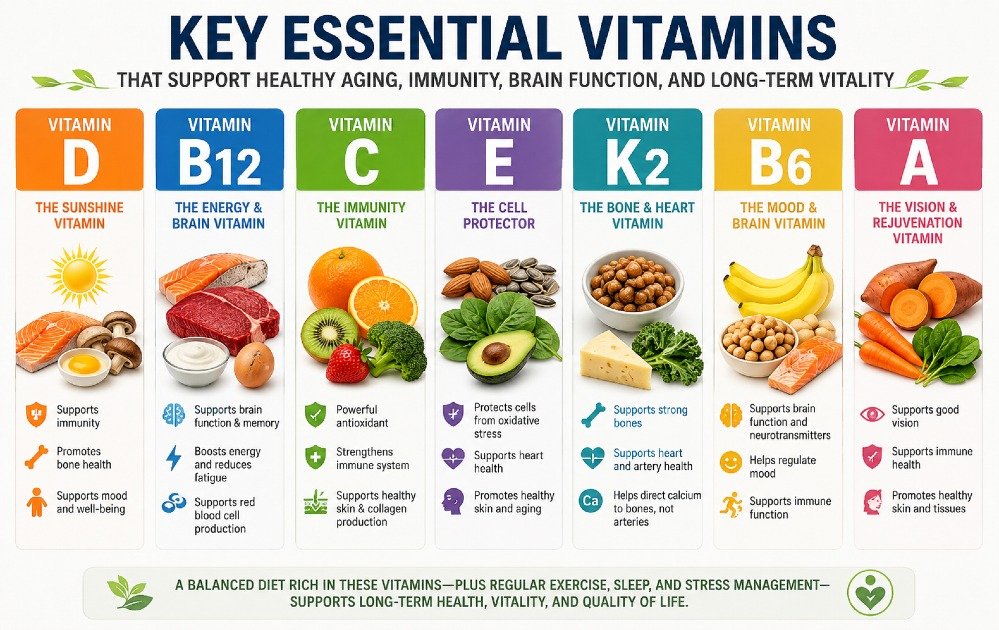 Key essential vitamins that support healthy aging, immunity, brain function, and long-term vitality.