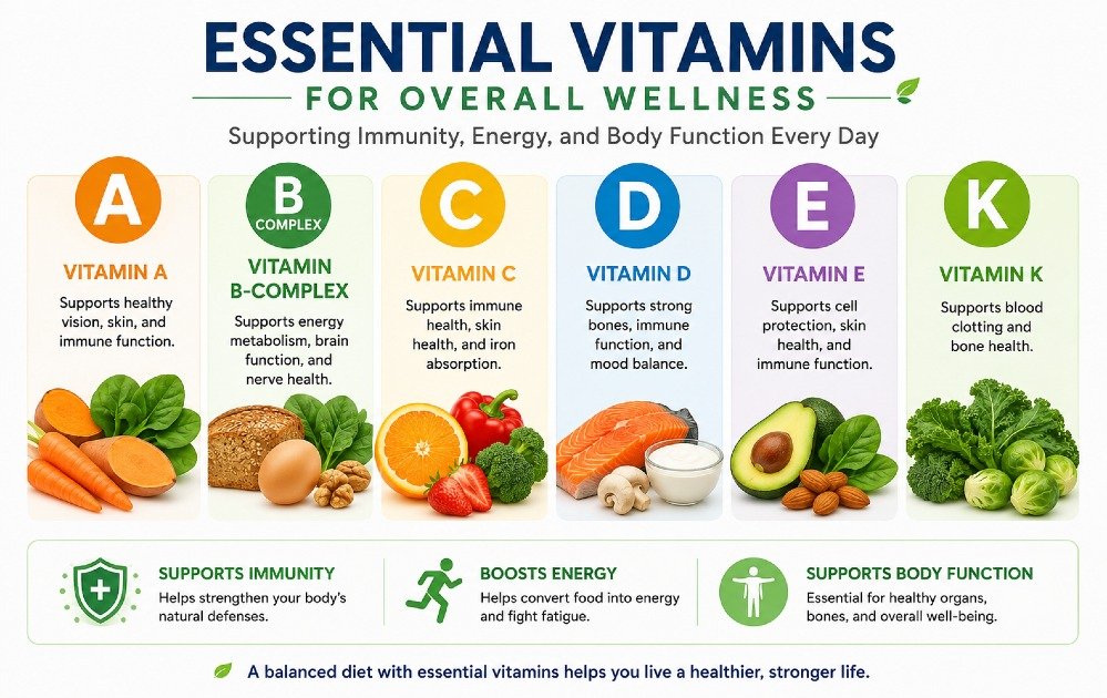 Essential vitamins for overall wellness including A, B-complex, C, D, E, and K supporting immunity, energy, and body function