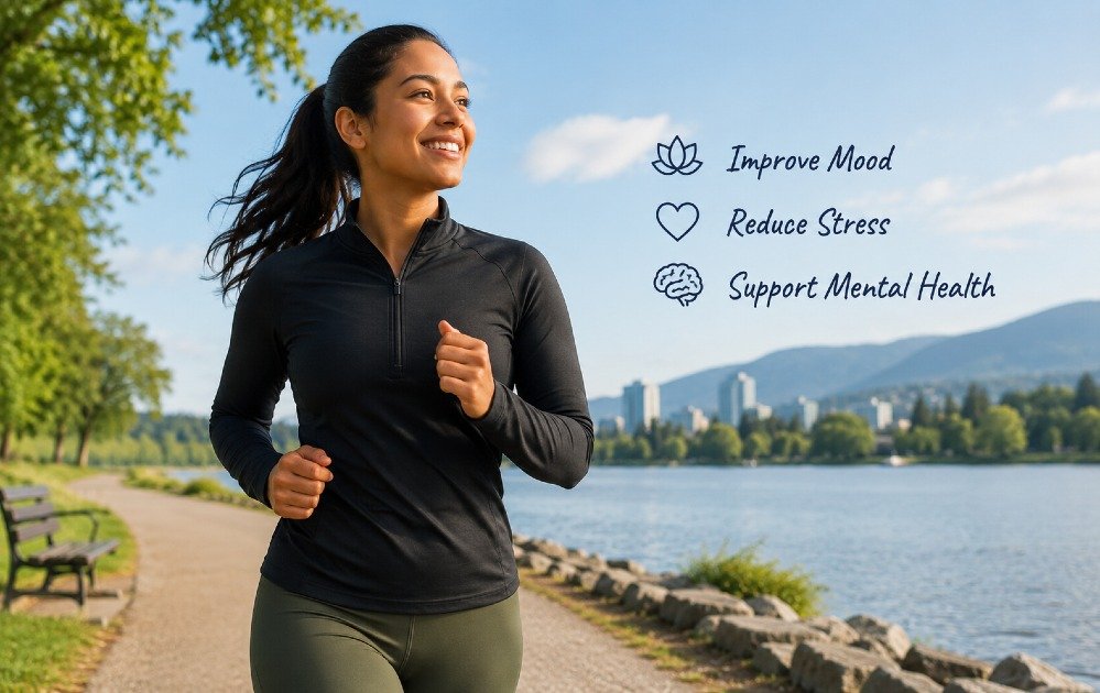 Person exercising outdoors to improve mood, reduce stress, and support overall mental health.