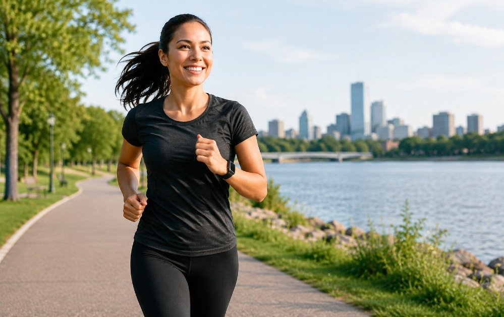 Person exercising outdoors to improve preventive health and reduce the risk of chronic disease through regular physical activity.