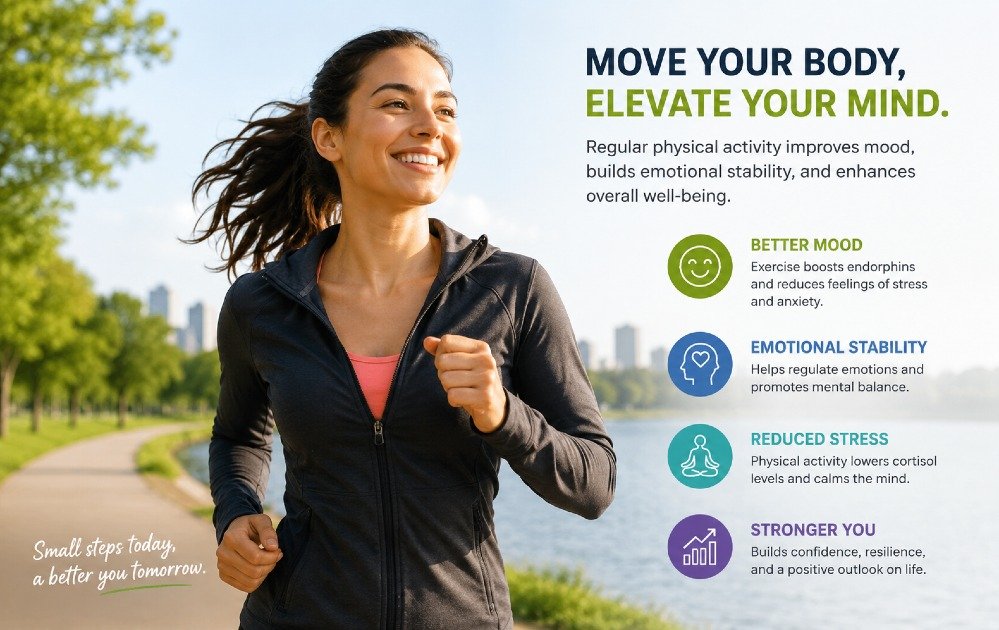 Person exercising outdoors showing improved mood and emotional stability through regular physical activity.