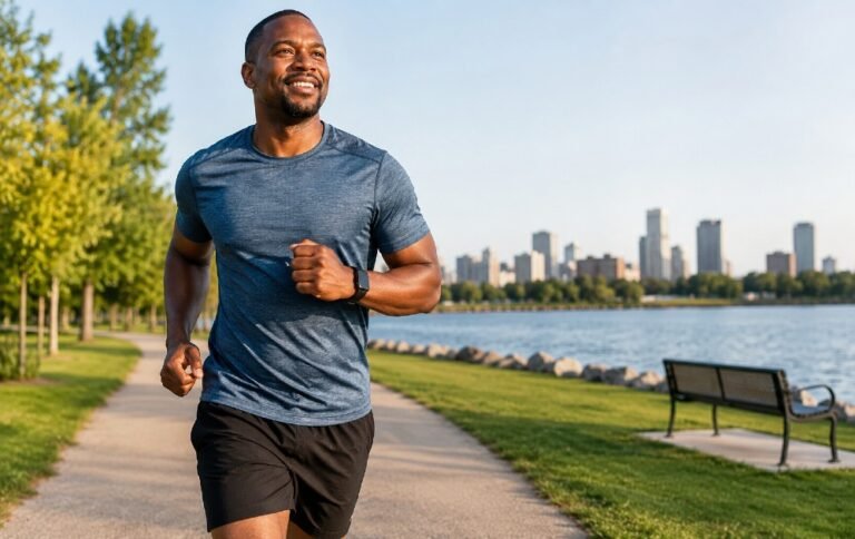 Adult exercising outdoors to improve heart health, build strength, and reduce the risk of chronic disease through regular physical activity.