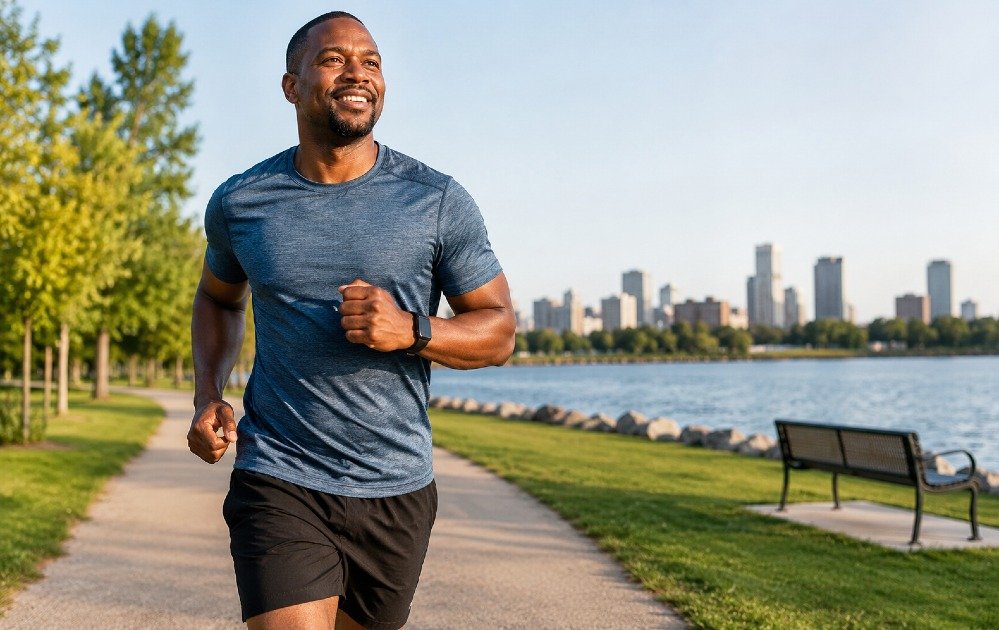 Adult exercising outdoors to improve heart health, build strength, and reduce the risk of chronic disease through regular physical activity.