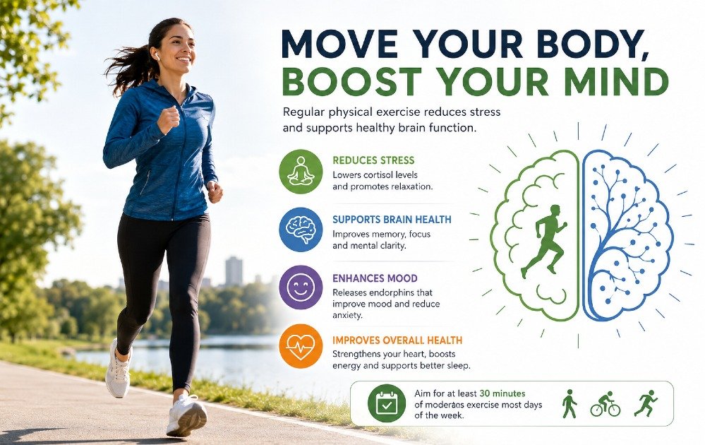 Person engaging in regular physical exercise to reduce stress and support healthy brain function, focus, and mental clarity.
