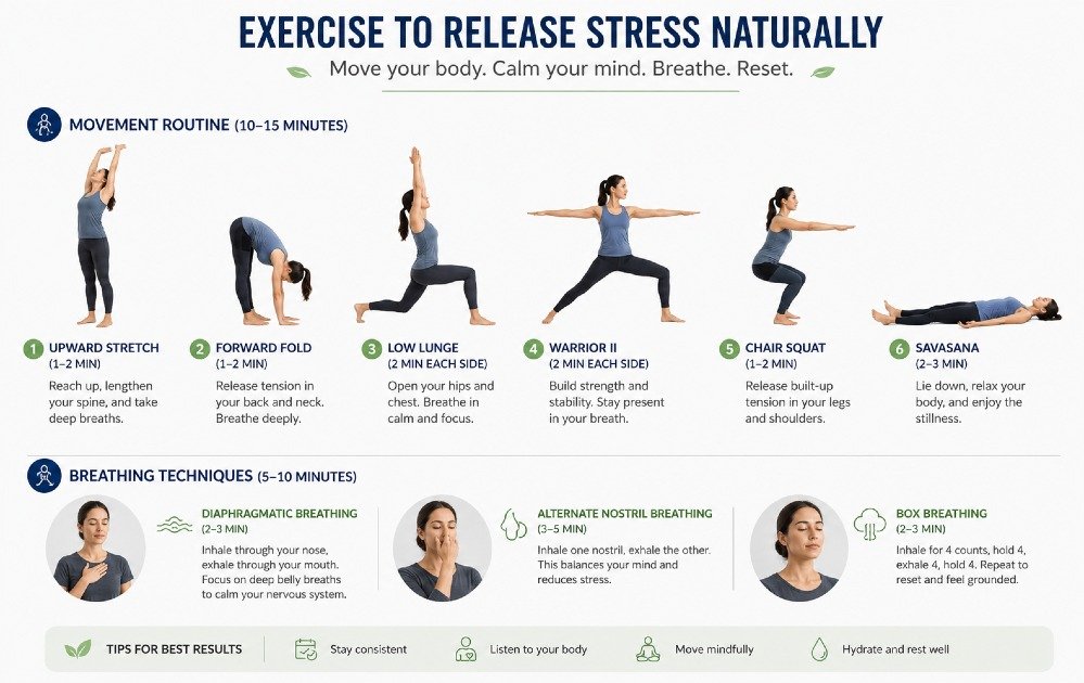 Simple exercise routine demonstrating natural stress relief through movement and breathing techniques.
