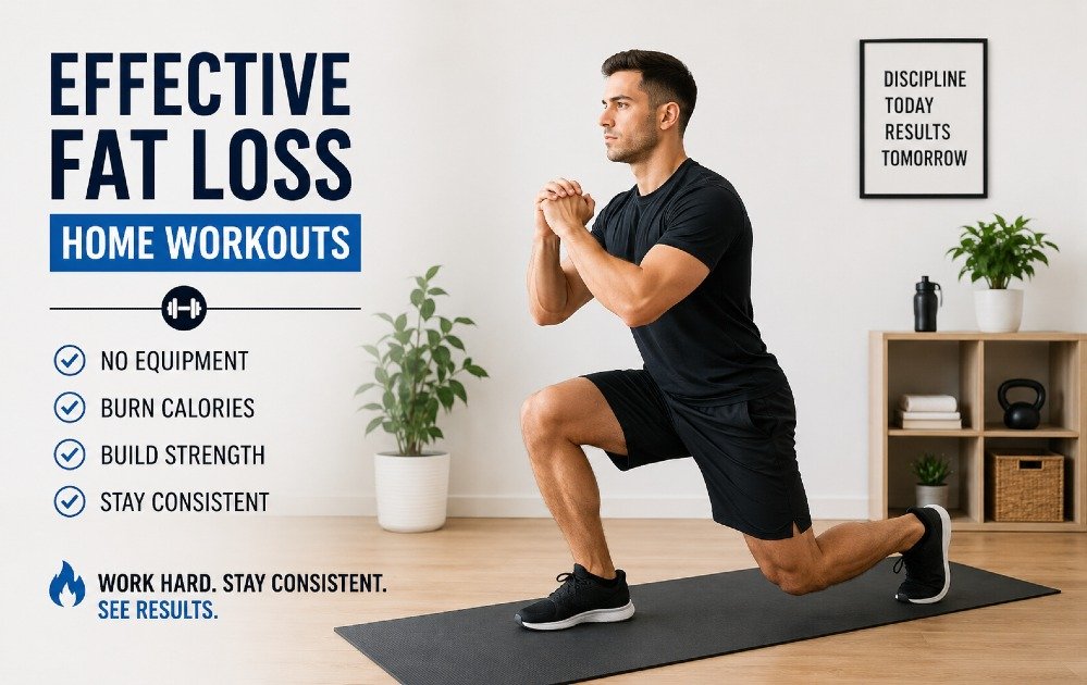 Person performing effective fat loss home workouts using bodyweight exercises in a simple home setting