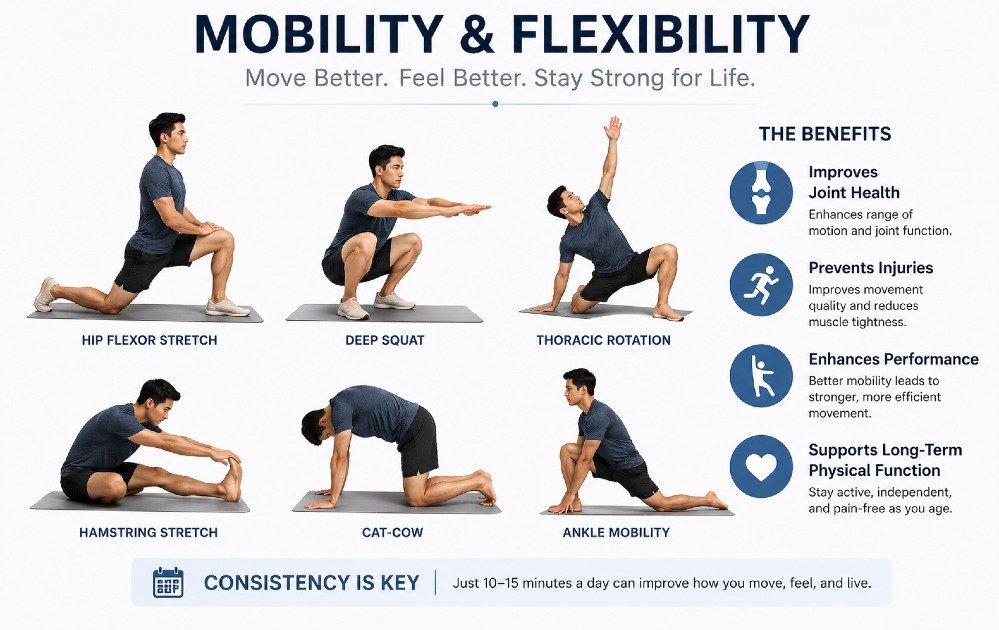 Person performing mobility and flexibility exercises to improve joint health, prevent injuries, and support long-term physical function.