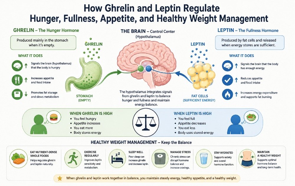 Illustration showing how ghrelin and leptin regulate hunger, fullness, appetite, and healthy weight management.