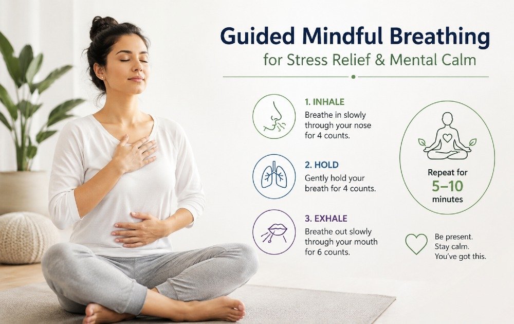 Person practicing guided mindful breathing for stress relief and mental calm.