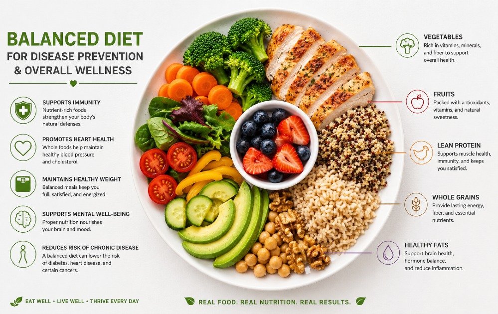 Balanced healthy diet plate with whole foods like vegetables, fruits, lean protein, and whole grains supporting disease prevention and overall wellness