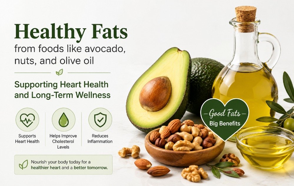 Healthy fats from foods like avocado, nuts, and olive oil supporting heart health and long-term wellness.